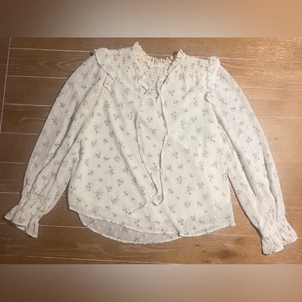 By The River Women’s Size M Blouse Top Floral Long Sleeve Smocked Ruffles